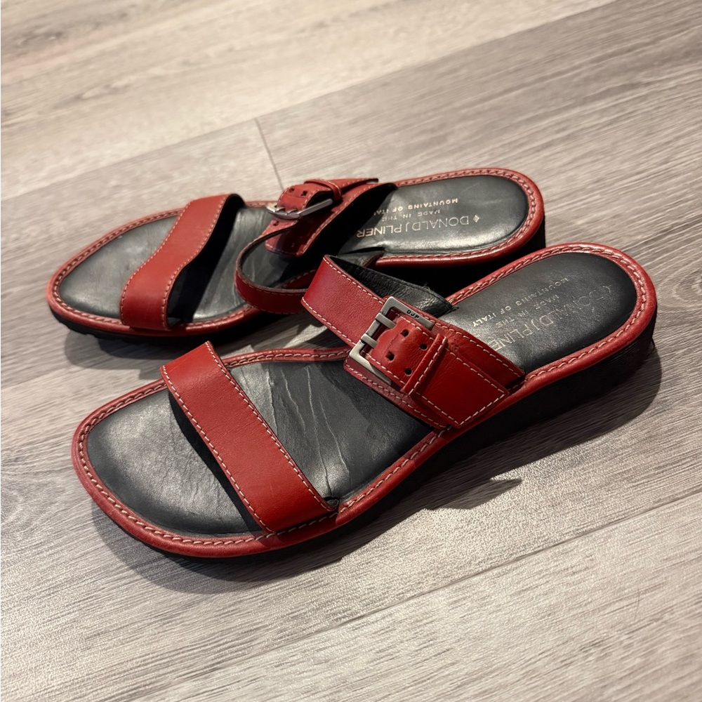 Donald J. Pliner Red and Black Leather Slide Sandals